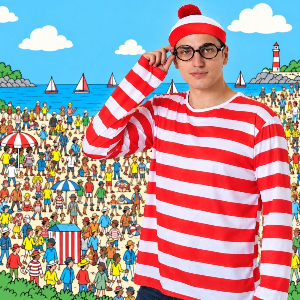 NEW Carnavalife Waldo Style Costume Men’s S/M S M Shirt Hat Glasses Halloween
